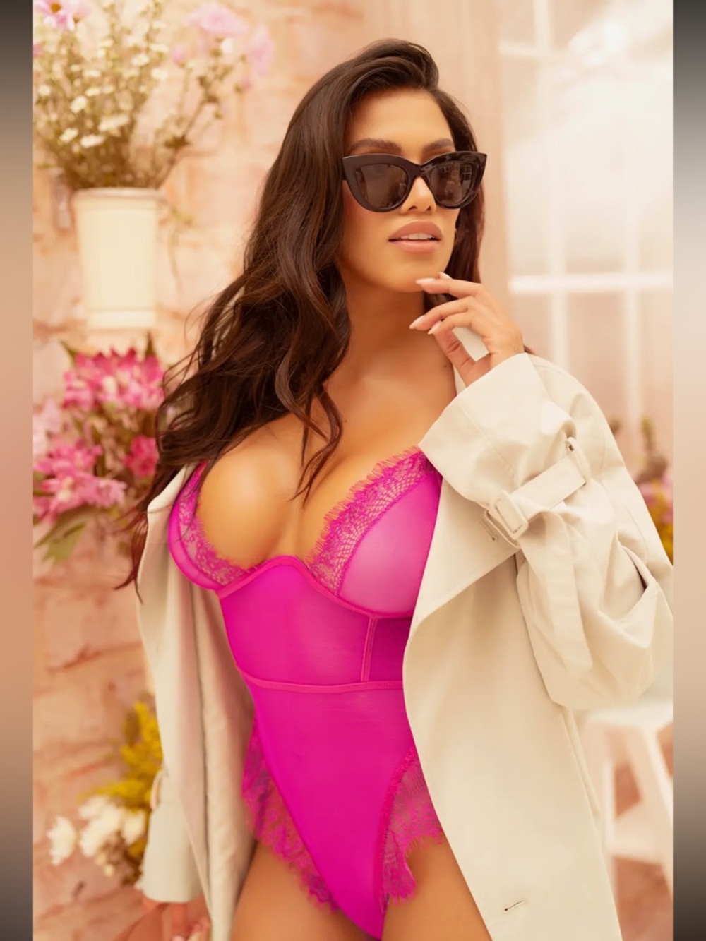 Hot Pink Lace Trim Bodysuit